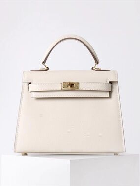 Structured Cream Leather Top-Handle Shoulder Bag with Gold Accent